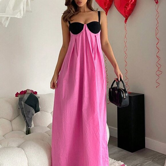 Multicolor Casual Women's Contrast Color Pleated Loose Maxi Slip Dress - Picture 1 of 6